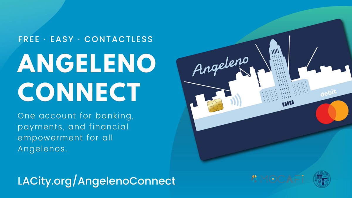 LACityView35's tweet photo. In partnership with @mocafiapp, @ignitecities, @Mastercard, @MayorOfLA and @LACity have launched the Angeleno Connect Program, which provides access to:
 
☑️Free, contactless banking
☑️City services &amp; economic relief programs
☑️Digital resources &amp; more
 
https://t.co/yjwlUmjbAE https://t.co/tLxbKc7F5l