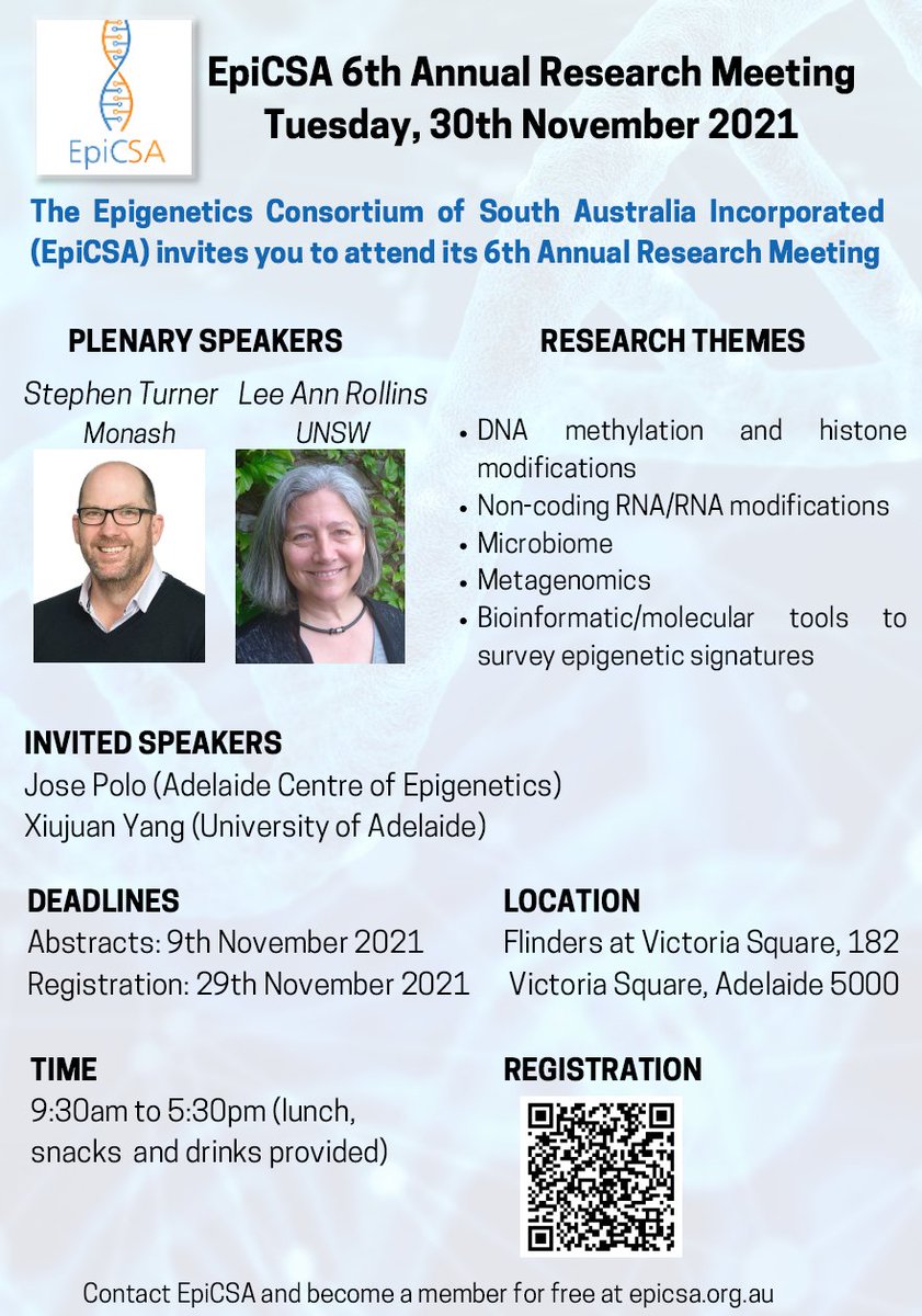 Due to demand we’ve extended our abstract submission deadline for our 6th annual meeting until the 16th. We welcome all speakers (especially students) in DNA methylation, metagenomics, gene expression and non-coding RNAs and more. Prizes to be won! epicsa.org.au/epicsa-2021-an…