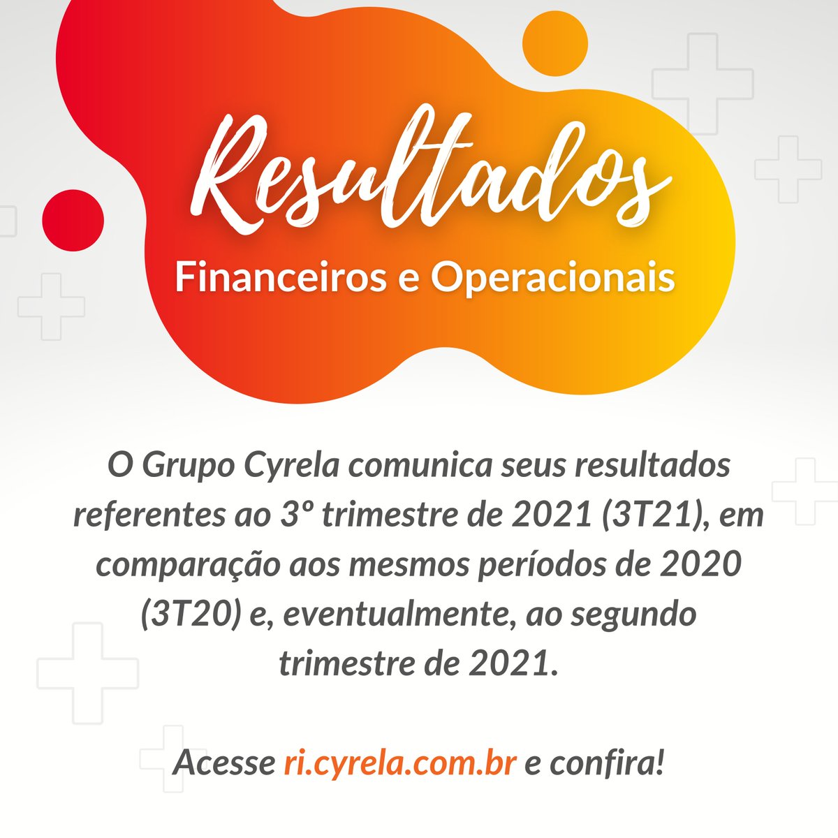 CYRELA (B3:#CYRE3): Cyrela Reports Net Income of R$238 million and Cash Generation of R$177 Million in the quarter.

Access: ri.cyrela.com.br