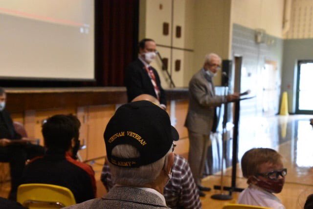 stmschoolatown's tweet photo. #STMcommunity At our Veterans Day assembly, we welcomed visitors from the Marines, the Navy, and Monsignor Murphy as well as the Mayor of Allentown, to honor our very own veterans !  #VeteransDay #STMgratitude #STMhonors 🇺🇸❤️🖤 https://t.co/lBOUstjdJz