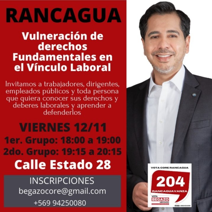 SeguimosChile's tweet photo. ⚠️ATENCION⚠️
VIERNES 12/11
18:00 y 19:15
Cupos limitados.
Aprenda sobre sus derechos laborales y cómo defenderlos.
CHARLA GRATUITA EN #RANCAGUA
INSCRIPCIONES
begazocore@gmail.com
o al +569 94250080 https://t.co/KHRTzwD2S9