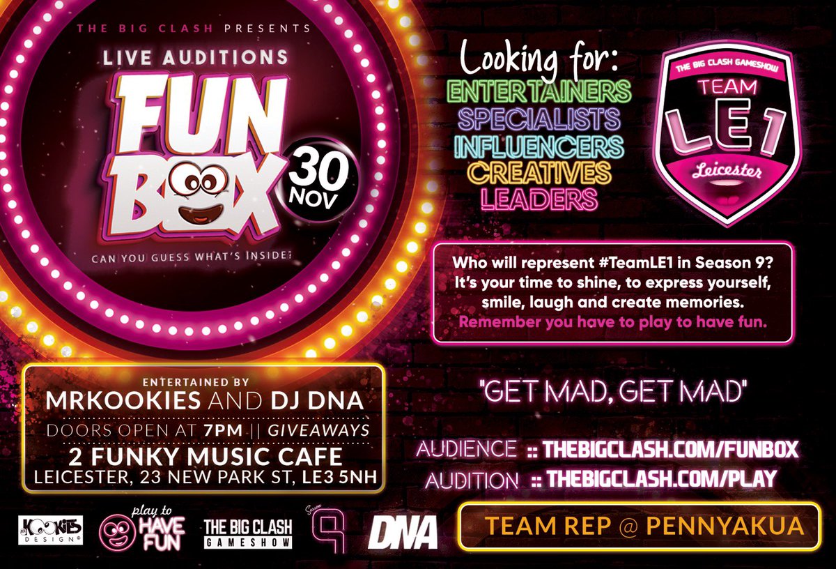 TheBigClash's tweet photo. WE BACK BABY 🙀🔥🙀🔥🙀🔥

◻️◽️▫️▪️FUN BOX ▪️▫️◽️◻️
💥💥THE LIVE AUDITIONS 💥

IN LEICESTER - 30th NOV

Welcoming @pennyakua to the team! Official Team Rep for @TeamLE1_S9 #TheBigClash #FunBox #Auditions #TeamLE1 #TBCPlay #DMU #UOL https://t.co/HDY0cSrIpB