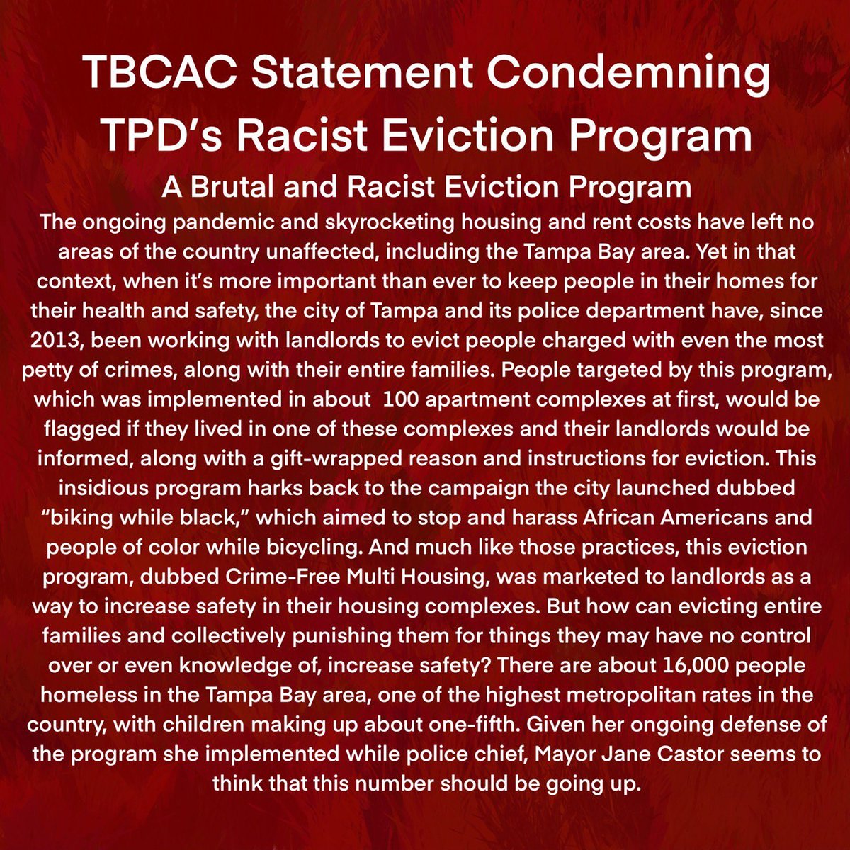 TAARPR's tweet photo. TBCAC Statement Condemning TPD's Racist Eviction Program
#StopTPDsRacistEvictionProgram
#CommunityControlOfThePoliceNow https://t.co/S85k2T8TGx