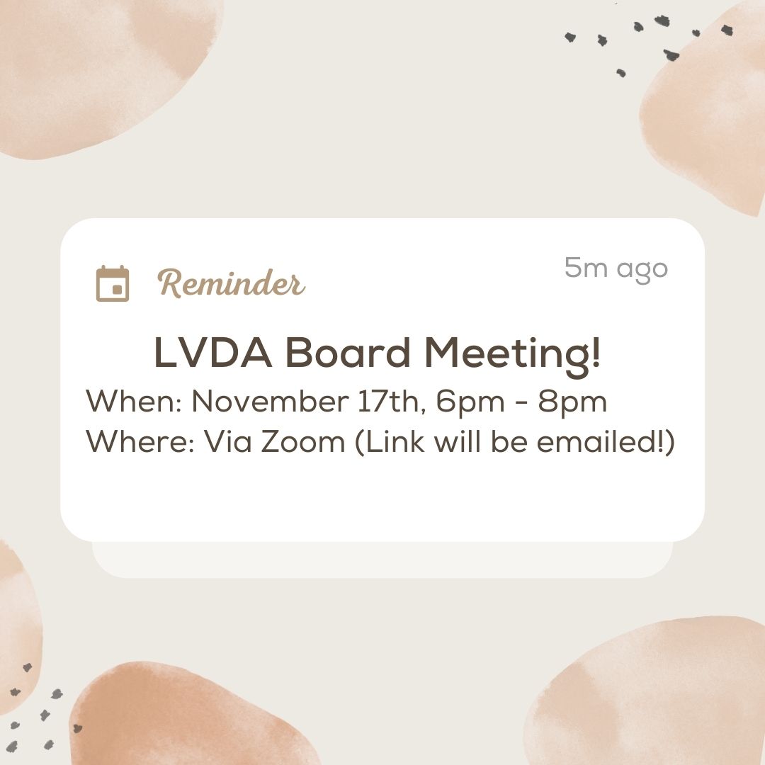 EatRightLV's tweet photo. ❗Reminder❗

Our next LVDA Board Meeting is next Wednesday, November 17th from 6PM - 8PM via Zoom. The link for the Zoom meeting will be emailed out soon!

Hope to see you there! https://t.co/g2syUIbr2v
