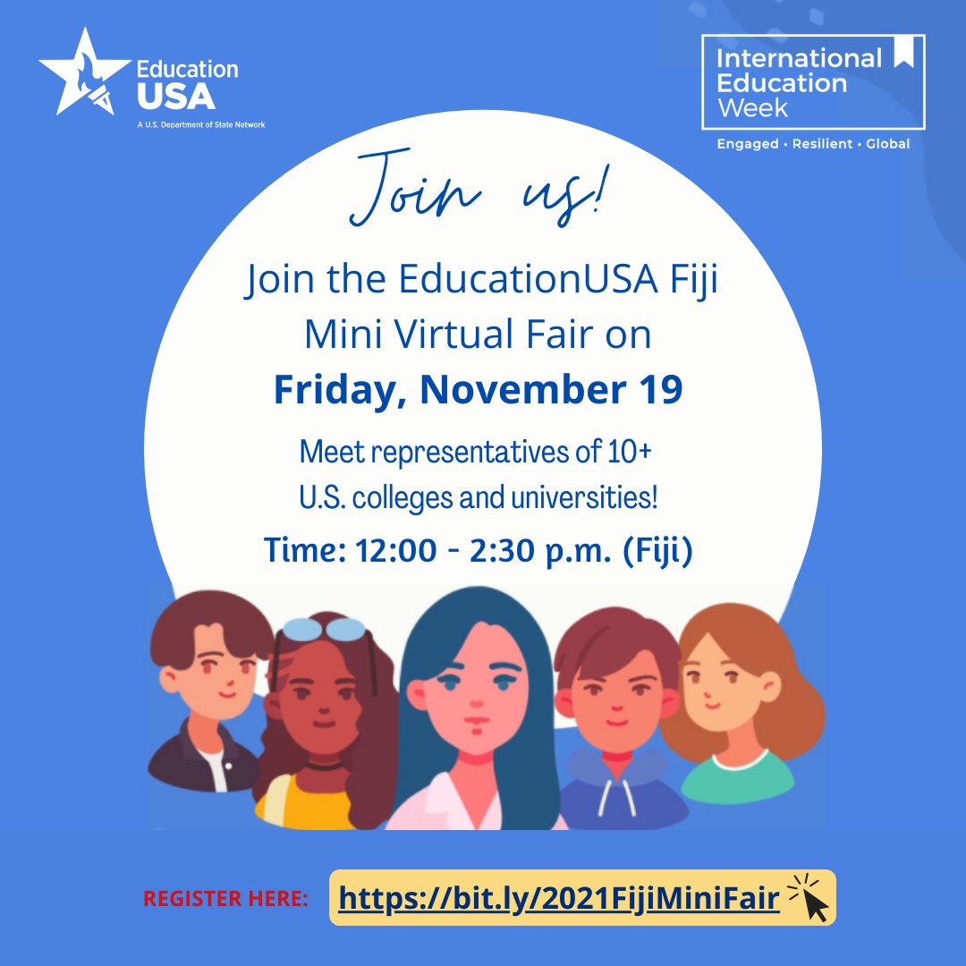 USEmbassySuva's tweet photo. #EducationUSA is bringing a U.S. college fair to you!
Join the @educationusa Fiji Mini Virtual Fair on 📅 November 19.
Register now ➡️ https://t.co/h8riHto2ON
#EdUSA #EdUSAVirtualFair #EdUSAatHome #StudyWithUS #StudyintheUSA #IEW2021 #InternationalEducationWeek https://t.co/BhUTOPAW2a