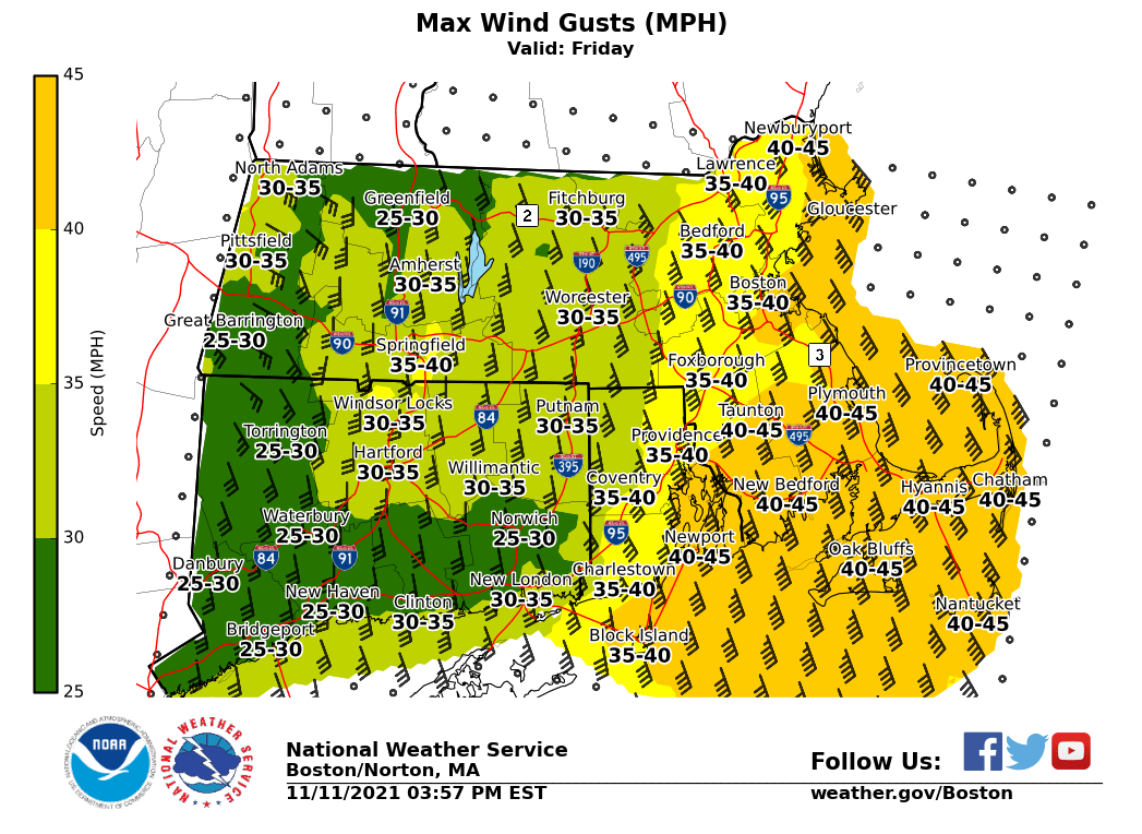 NWSBoston's tweet photo. You'll want to secure any loose objects on your patio or in your yard before the gusty winds arrive tomorrow! Here's a look at the forecast maximum wind gusts. https://t.co/DqHOBc8lGk