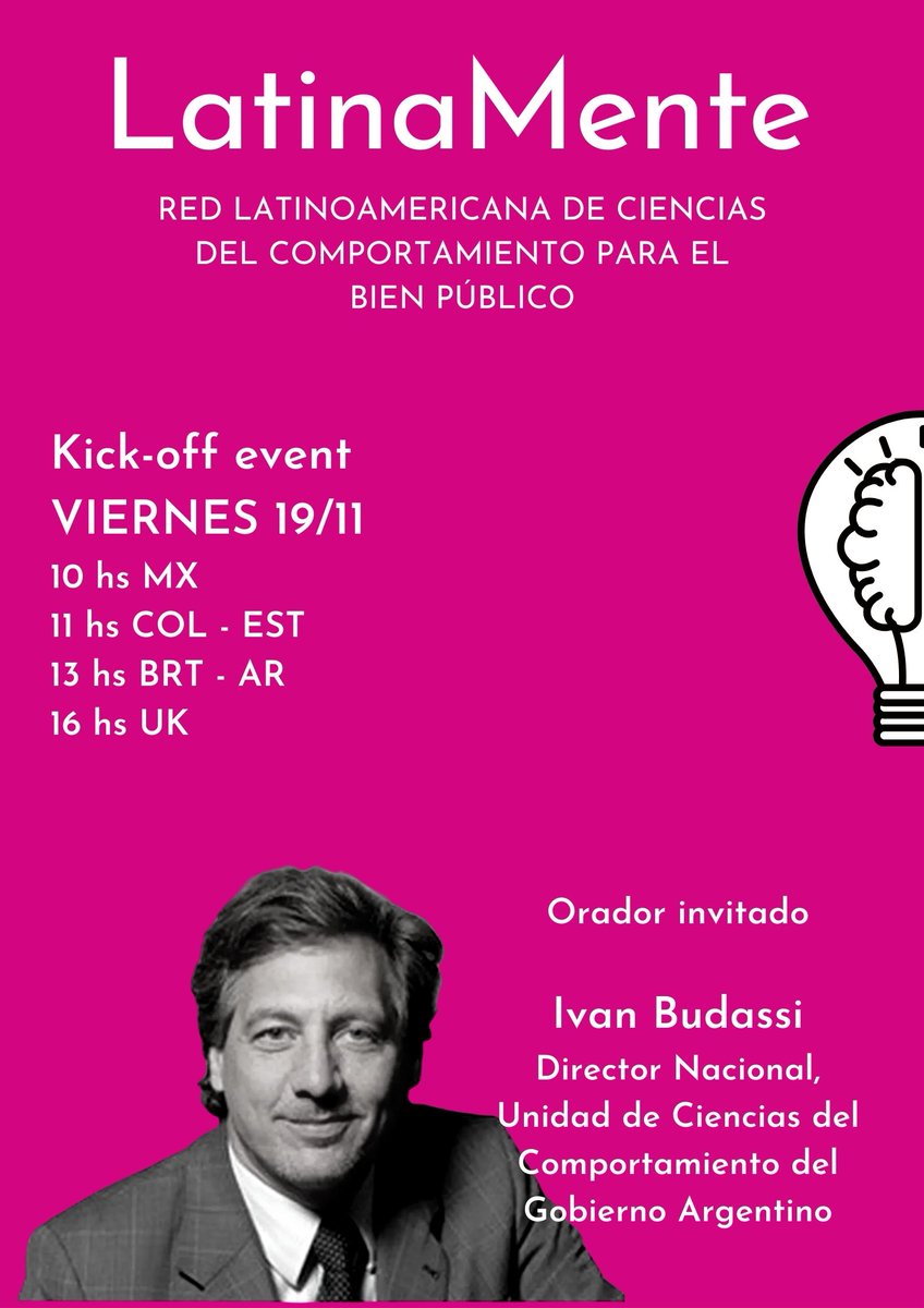 SAVE THE DATE: FRIDAY 19/11. One of the amazing speakers we will have is <a href="/ivanbudassi1/">Iván Budassi</a>, Lead of the Behavioural Science Unit <a href="/consejo_ar/">Consejo Económico y Social</a>. 
Get your tickets before they run out! bit.ly/latinamentekic…