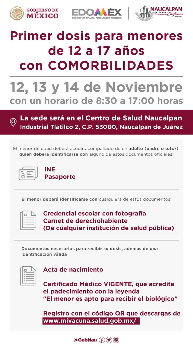 GobNau's tweet photo. ⚠️AVISO IMPORTANTE⚠️

En #Naucalpan iniciaremos este viernes 12 de noviembre, la aplicación de la primera dosis de la vacuna contra #Covid_19 a niños y adolescentes de 12 a 17 años.

Consulta la información completa en el siguiente enlace👇
https://t.co/Asm2rMq68s https://t.co/28BBOT1PpW