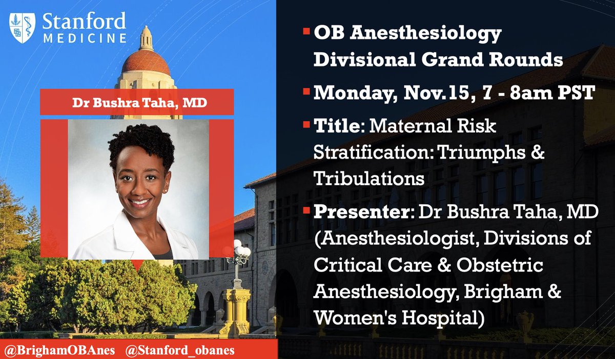 Excited to host Dr. Bushra Taha, OB anesthesia/critical care medicine trained physician for her talk “Maternal Risk Stratification: Triumphs & Tribulations”! We can’t wait! @BrighamOBAnes @BrighamAnes @stanfordanes #MedTwitter @harvardmed @StanfordMed