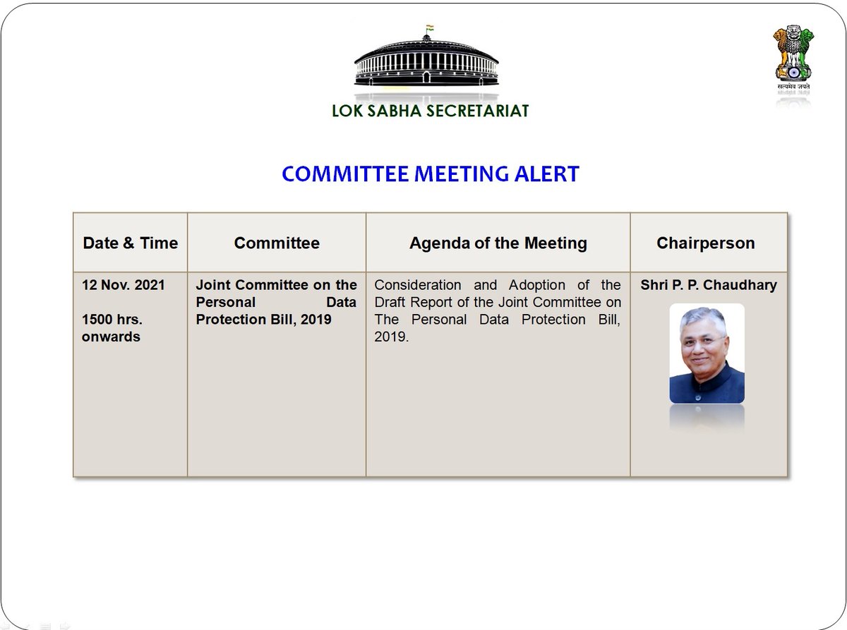 Today's Committee #MeetingAlert 

#ParliamentaryCommitee
#JointCommittee #JPC  
#PersonalDataProtection 
#LokSabha #Parliament