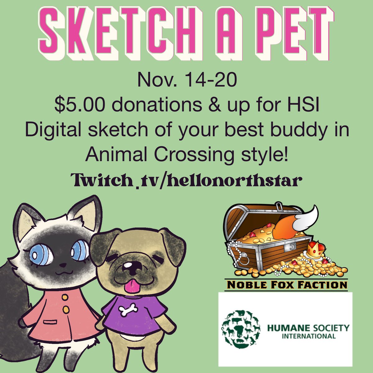 hellonorthstar's tweet photo. This next week I’ll be raising money for Humane Society International! For any donos at $5 minimum I’ll be sketching your floof babies! In Animal Crossing style!! Be sure to join us on stream for all the sweet fur/scale/feather babies. https://t.co/24HYQ6pPZd