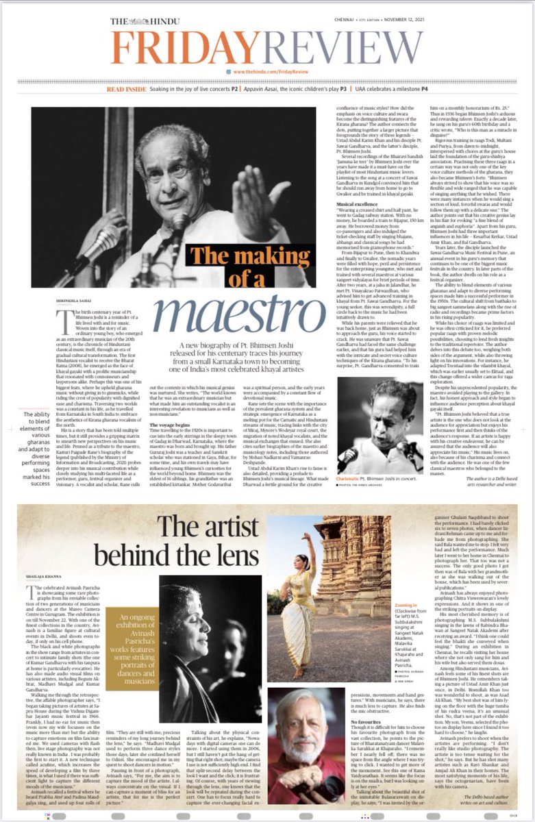 kasturipaigude's tweet photo. Waking up to this is sheer joy! The cover story is out in today’s edition of ‘The Hindu’. The link to the online version is https://t.co/13ntmMG6Uk 
Thank you Shrinkhla Sahai  for the lovely story. #TheHindu #publicationdivision #bhimsenjoshi @dpd_india #centenary https://t.co/0kJiAIPMdx