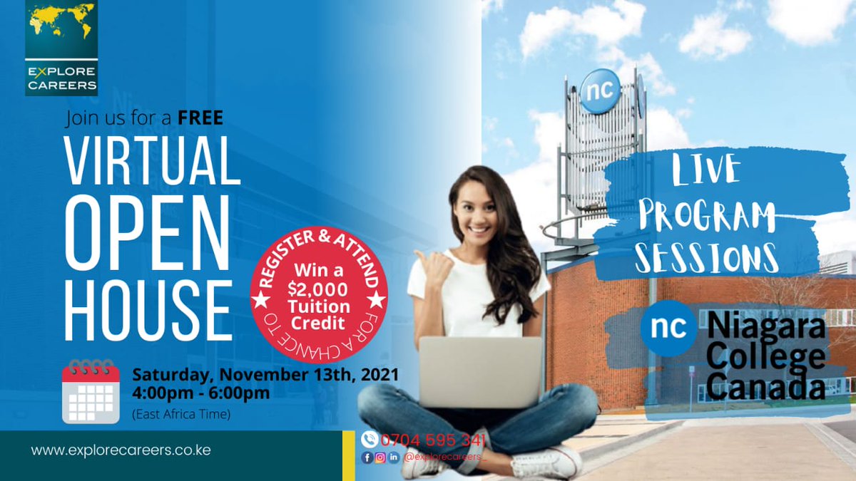 explorecareers_'s tweet photo. Niagara College (NC) is inviting you to their Virtual Open House! 🇨🇦

Register &amp; attend. You stand to win C$2000 in tuition credit.

Know NC + the programs they offer. Save the date, 13th Nov. 2021, 4 p.m. - 6 p.m. 

Register here 👇🏼

https://t.co/aDYUiktMTe

#nc #studyincanada https://t.co/XBdD2RTXq9