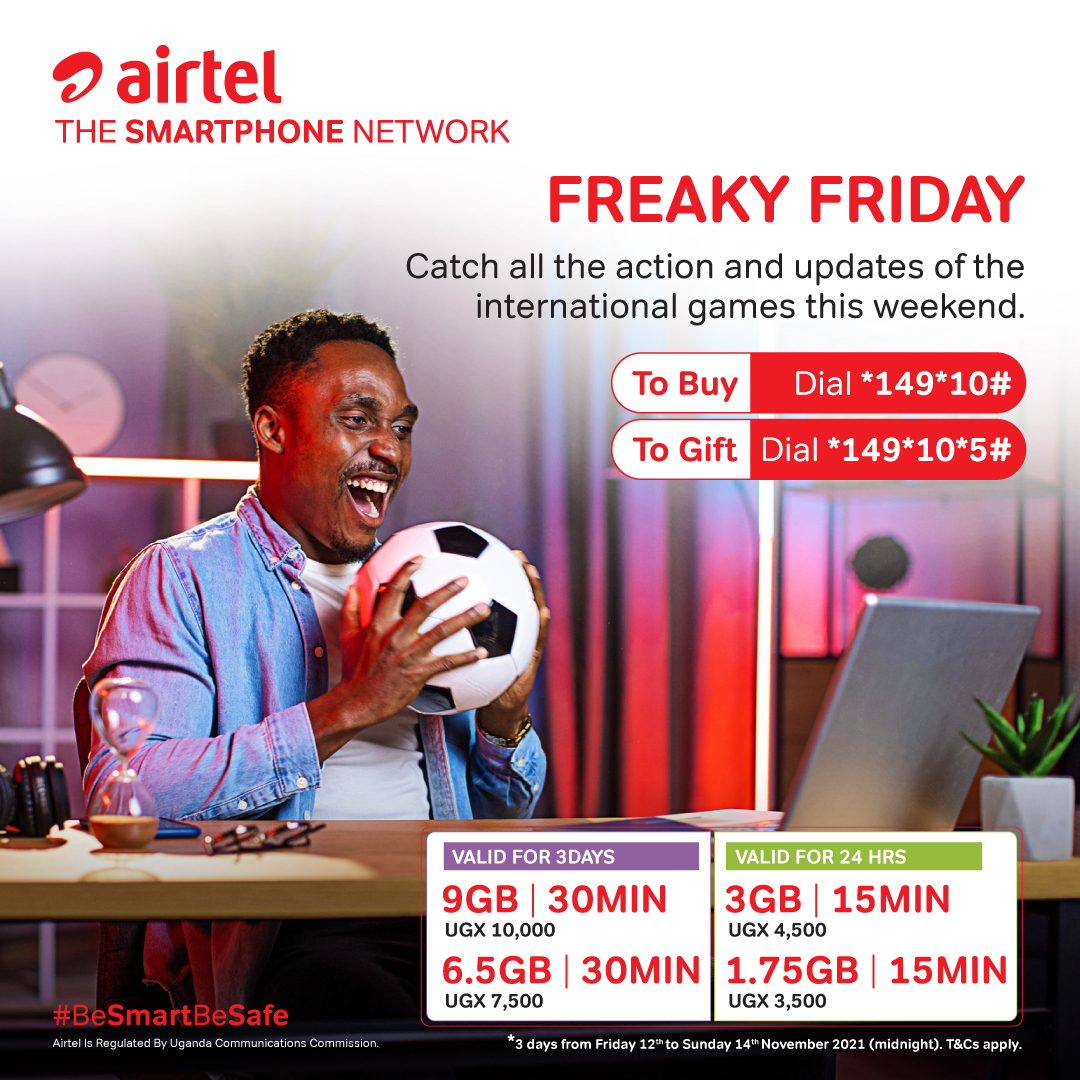 Airtel_Ug's tweet photo. Keep updated on the live scores of all the games this weekend using the #FreakyFriday bundle. Dial *149*10# to buy your preferred bundle. https://t.co/gTy1lkjIzS