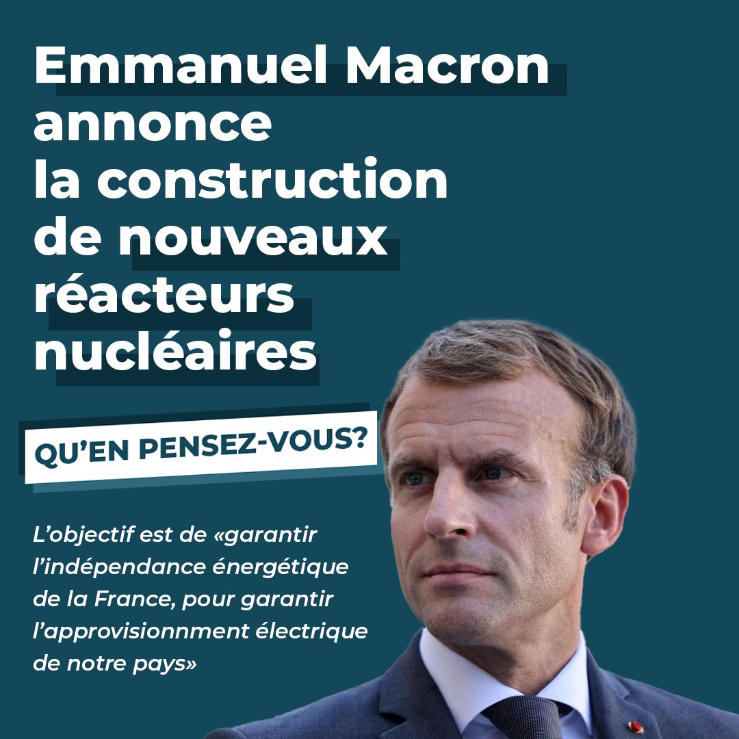 VieiraMich's tweet photo. Emmanuel Macron a annoncé qu’il allait construire 6 réacteurs nucléaires supplémentaires (ERP).
Que pensez-vous de cette annonce et de ces nouveaux investissements ?
#ERP #nucléaire ##ReacteurNucleaire #environnement #energie #ecologie @EmmanuelMacron https://t.co/81KPBUo8q0