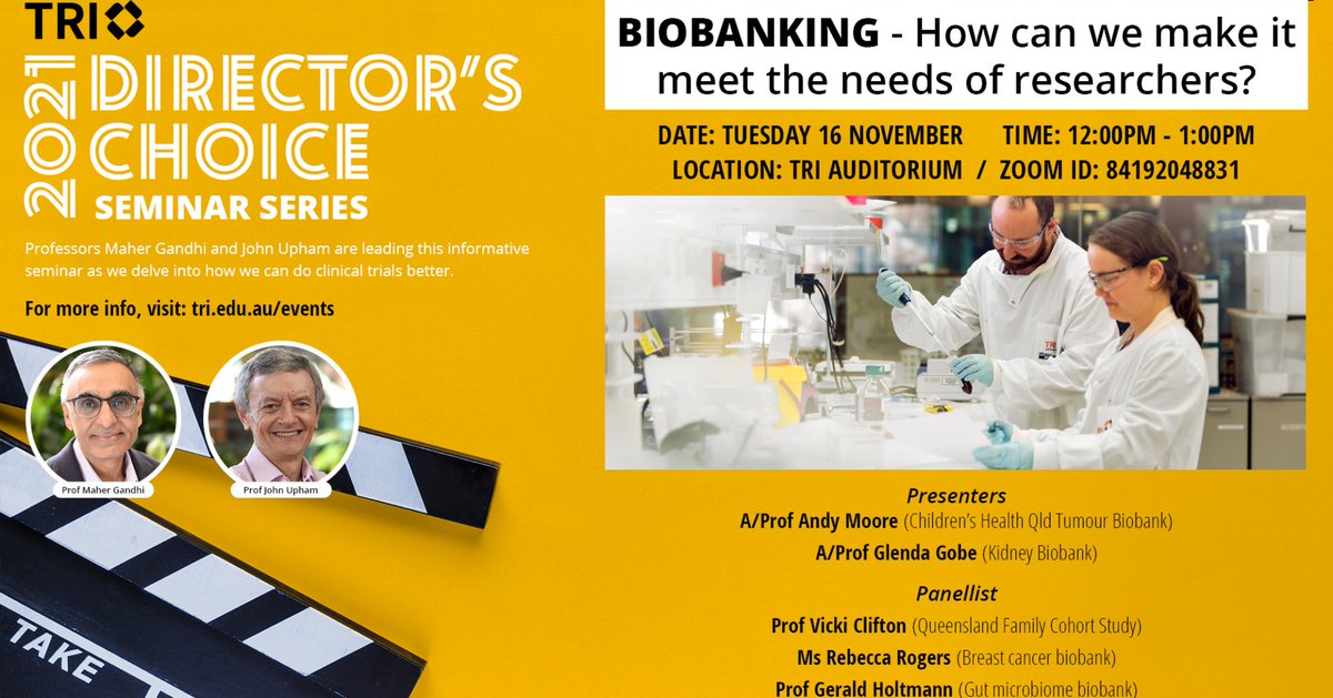 TRI_info's tweet photo. Ever wondered about setting up a #biobank to help your research? Tune in for this #DirectorsChoice #seminar.
👉https://t.co/Zhy4uxs4wl
@MetSthHealth @MaterResearch @UQMedicine @QUT @LSQld @AAMRI_Aus https://t.co/Dq6TMwUYBl