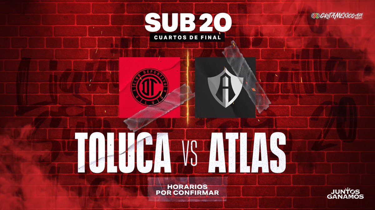 tolucafc_fb's tweet photo. Los Diablos #Sub20 enfrentarán a Atlas en los Cuartos de Final. 

¡𝙅𝙪𝙣𝙩𝙤𝙨 𝙂𝙖𝙣𝙖𝙢𝙤𝙨! 💪

⏰ Horarios por confirmar. 

#ForjadosEnElInfierno 🔥 https://t.co/gv0CA59tXs