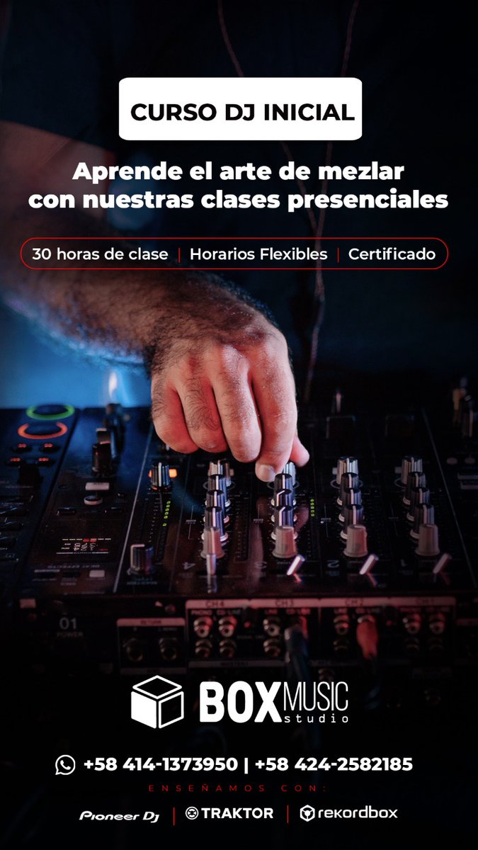 BoxMusicStudio1's tweet photo. Seguimos con las inscripciones abiertas! 
15/11 curso inicial 1 cupo disponible
Contáctanos 📱
0414 1373950
0424 2582185 

#Academydj #caracas #electronicmusic https://t.co/a7ktKA18Tc