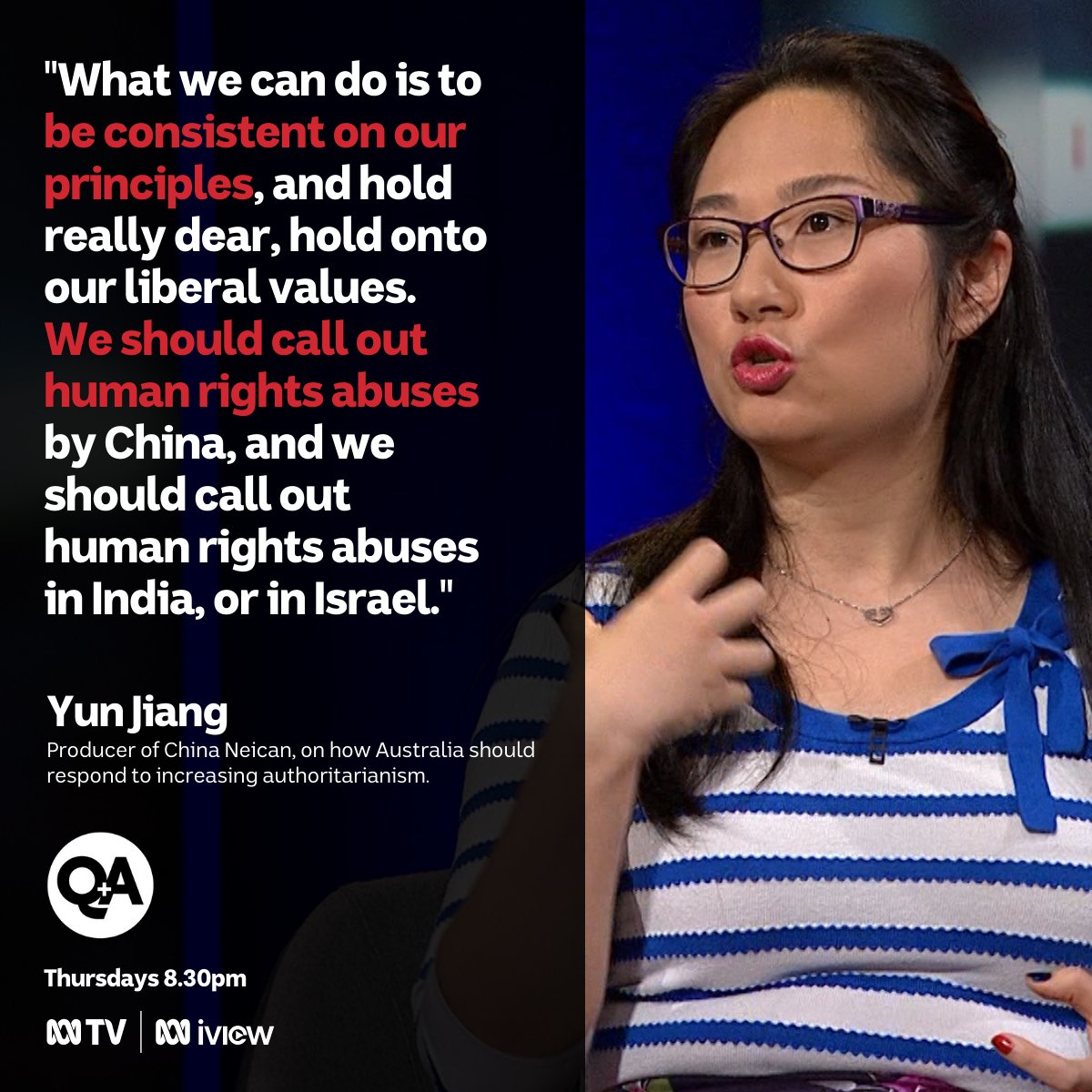 QandA's tweet photo. Director of the China Policy Centre Yun Jiang says consistency is key if Australia wishes to take a lead in being a good global citizen. Catch up on #QandA on ABC iview: https://t.co/fC34LuF11G https://t.co/EjQhWBPdYh