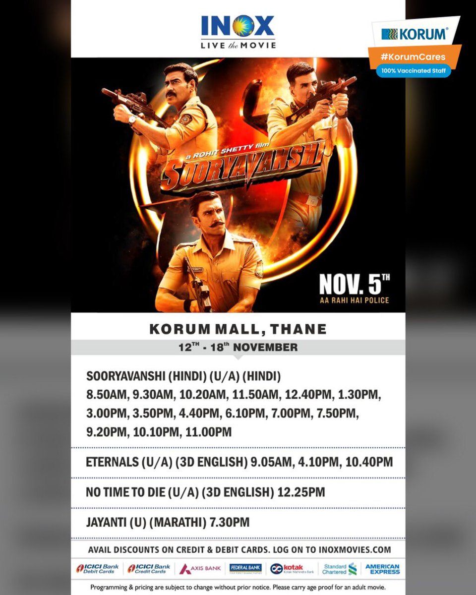 KorumMall's tweet photo. Book your tickets for Sooryavanshi now and make your weekend an entertaining one. 

Enjoy the fun of watching the cinema with Inox on full screen with your favourite popcorn.
.
.
.
#KorumCalling #KorumMall #Inox #ThaneInox #Sooryavanshi #BollywoodMovie #RohitShetty #AkshayKumar https://t.co/ayQSQWjTq2