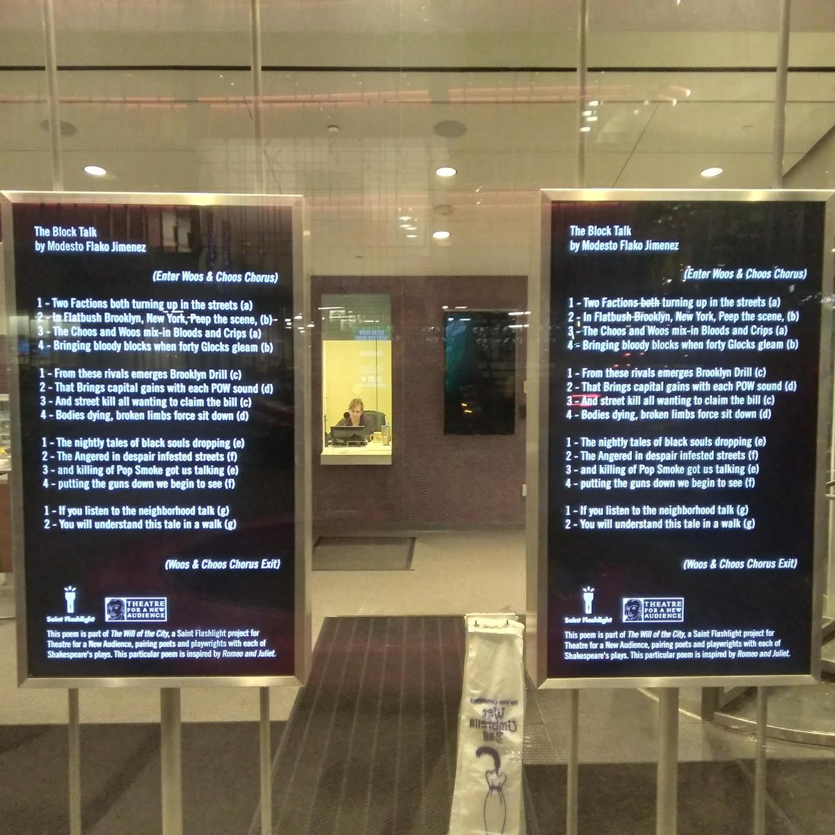 SaintFlashlight's tweet photo. .@FlakoBK's sonnet "The Block Talk" playfully teaches how the form works while transporting "Romeo & Juliet" to Brooklyn. Now in gorgeous quadruplicate in @TheatreforaNewA's windows via our ongoing THE WILL OF THE CITY poetry project. #Shakespeare #TFANA
https://t.co/1JhI6S1dVN https://t.co/xCWe3wJWcH