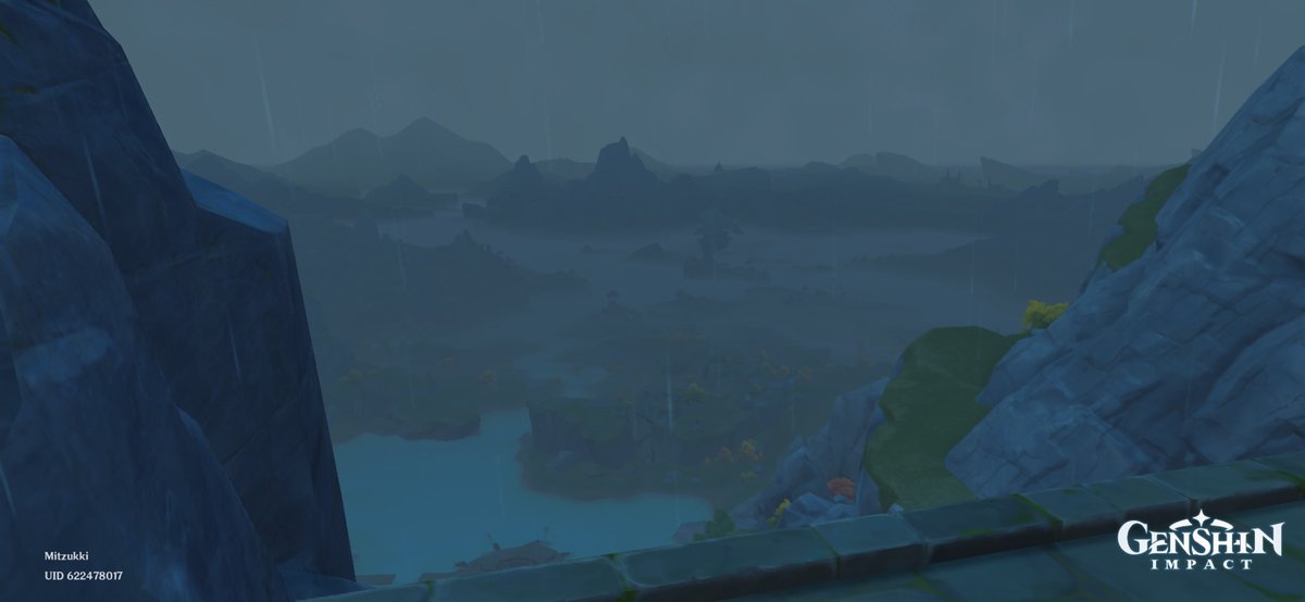 rocknmary's tweet photo. So I was looking for those key domain things in Liyue. Found none if your curious (4 keys). It was raining and I looked over the edge and was like “so prettyyy <3.” #GenshinImpact https://t.co/CzBI8NiBdd