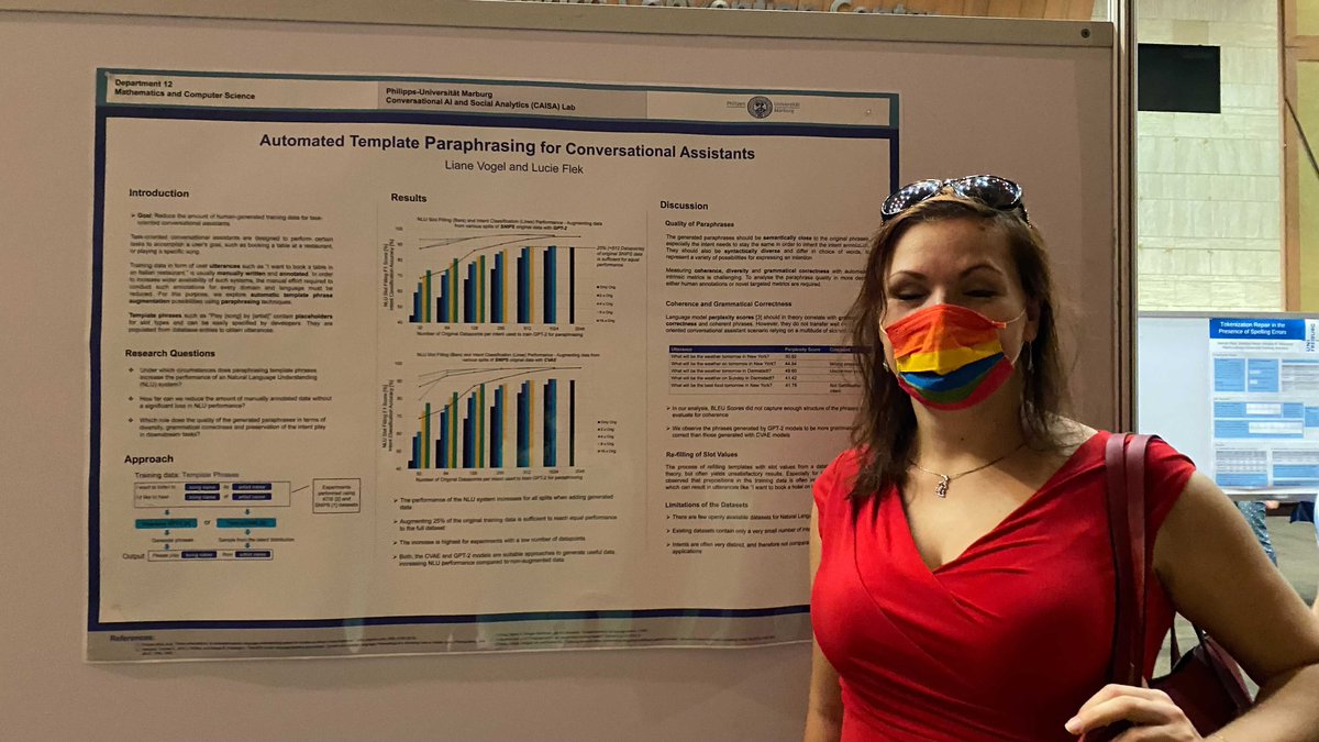 lucie_nlp's tweet photo. Had fun co-presenting the data augmentation work of #CAISALab's Liane Vogel at #WiNLP #emnlp2021 , while she virtual-networked with the rest of the world. Tldr: GPT-2 saves you 80% of annotations, yet metrics such as perplexity, BLEU or cos.sim. don't correlate w downstream perf. https://t.co/BWfKjNwN03