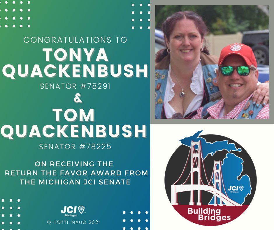 Congrats to Tonya &amp; Tom Quackenbush on receiving the Return the Favor Award - thank you for all you continue to do for JCI Michigan as Senators. #JCI #Michigan #Senate #BuildingBridges
