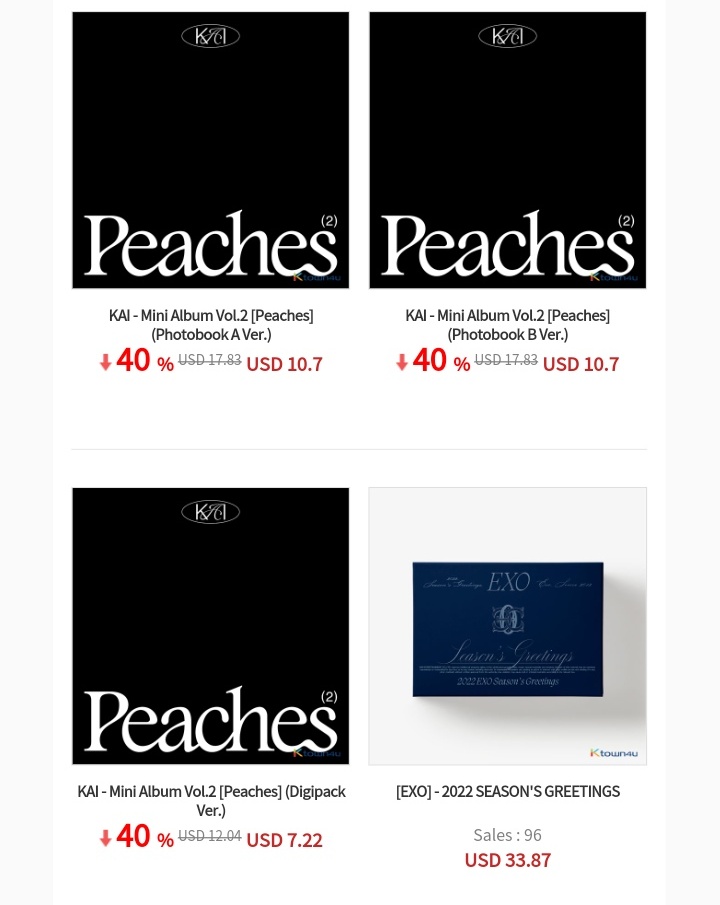 EVSS1485's tweet photo. EVSS1485 x Ktown4u

🍑KAI - Mini Album Vol.2 [Peaches] 

✅Digipack Ver.
✅Photobook A Ver.
✅Photobook B Ver.

40% discount link: https://t.co/3Dc20hN45Y 

#KAI #EXO @weareoneEXO https://t.co/SK47rEAf9Z