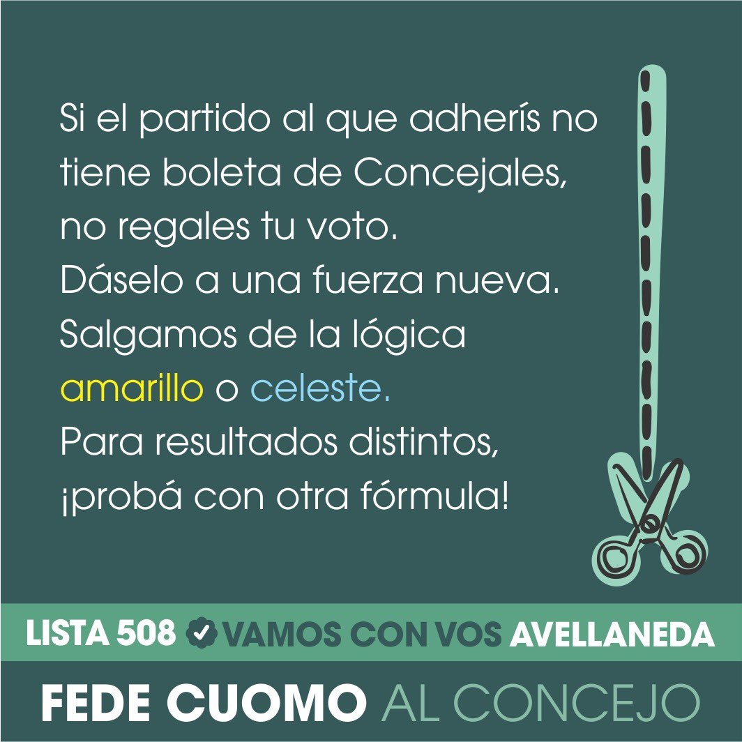VamosConVosAv's tweet photo. Si tu partido no tiene boleta para Concejales en Avellaneda, ¡saltá la grieta! ponele el voto a una fuerza nueva. Boleta ✅LISTA 508✅ en sobre✉️ y la urna🗳️‼️ @RandazzoF @nicoterrera @FEdePyME https://t.co/EwLusgULav