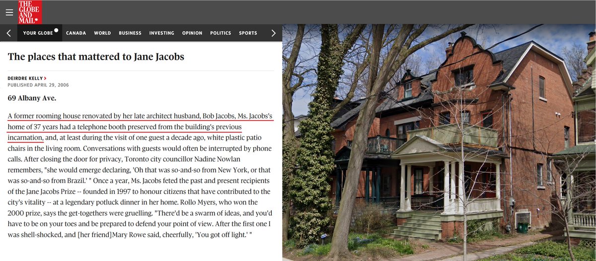 @MarketUrbanism Technically, this neighborhood (Toronto's Annex) is where #JaneJacobs lived --- in a House that was converted from a Rooming-House into a Single-Family Home... a process she referred to as 'Unslumming' -- which today would be called 'Renoviction'...

theglobeandmail.com/news/national/…