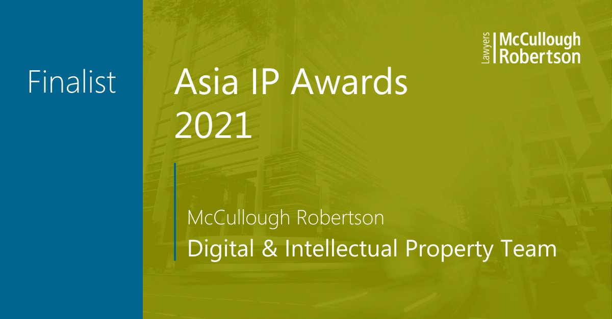 Congratulations to our Digital and Intellectual Property team who have been shortlisted for the 2021 Asia IP Awards. 

Vote for our IP team in the Asia IP Awards here: bit.ly/3n3vuXN 

Connect with a member of our IP team here: bit.ly/3H7DOhc

#McRAwards #IP