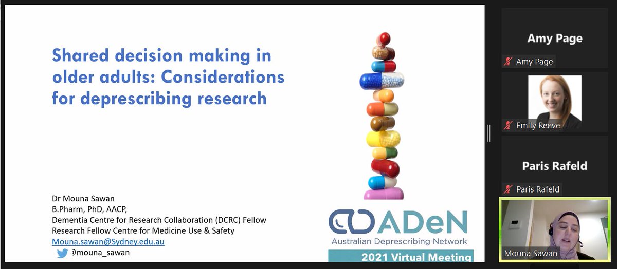 DeprescribeAU's tweet photo. Great presentation by @mouna_sawan at #ADeN2021 in the 'tasters' session! @CentMedUseSafet @MonashPharm
Shared decision making in older adults https://t.co/1btplYd6bu