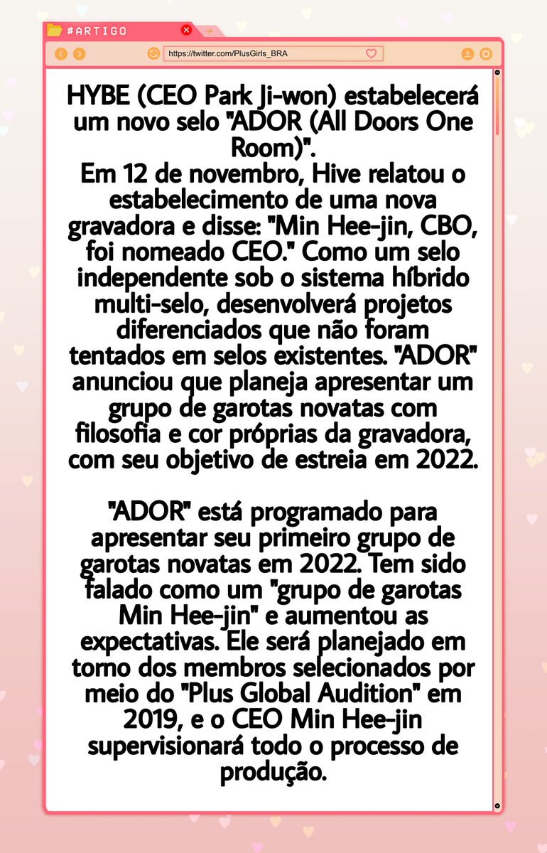 NEWJEANSBR's tweet photo. 📰 11.11.21 — Tradução de um artigo falando sobre a nova label estabelecida pela Min Heejin e sobre o gerenciamento da label para o futuro girl group da mesma.

📎: https://t.co/uoKvJDkkZb

#PlusGirls #hybengg #bhngg https://t.co/xtkeV5RYz7