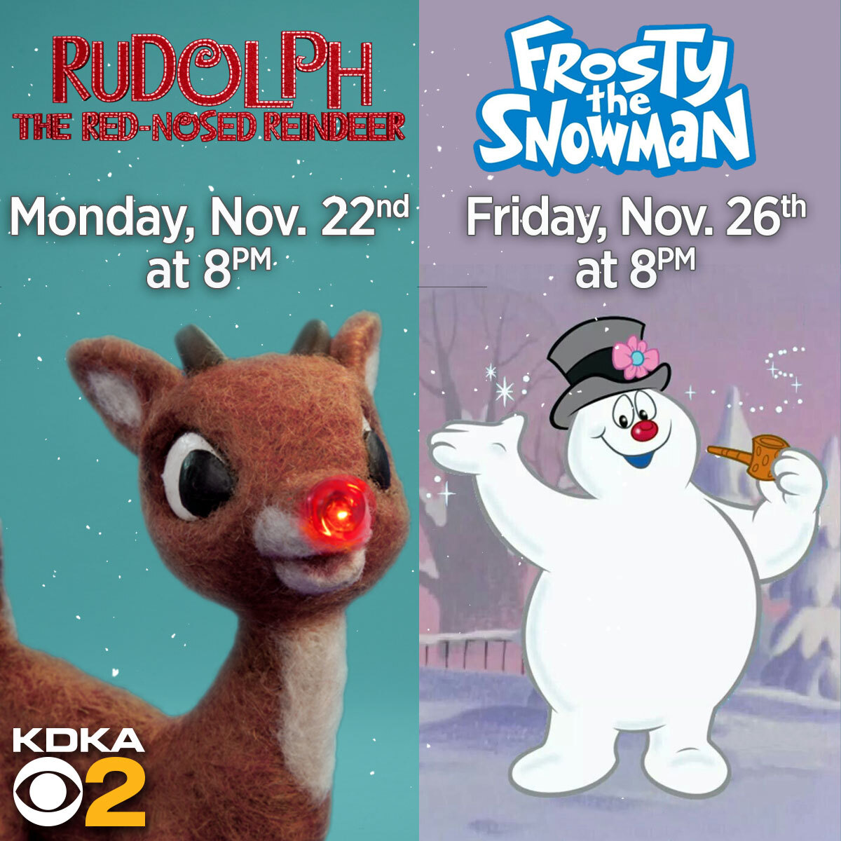 KDKA's tweet photo. 🎅 MARK YOUR CALENDARS! Rudolph, Frosty and all your favorite holiday shows are only on KDKA! Check out the schedule here: https://t.co/VyewtlcQBe https://t.co/ciMqOEIeVc
