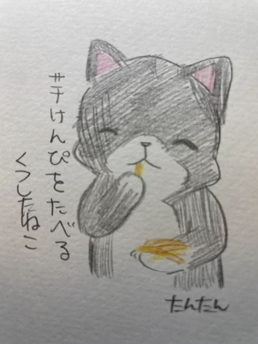 芋けんぴを食べるくつしたねこ#イラスト #猫 