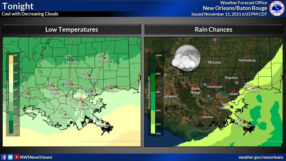 Tonight will be cool with decreasing clouds. Expect lows generally in the low to mid 50s across northern areas and in the upper 50s across southern areas.