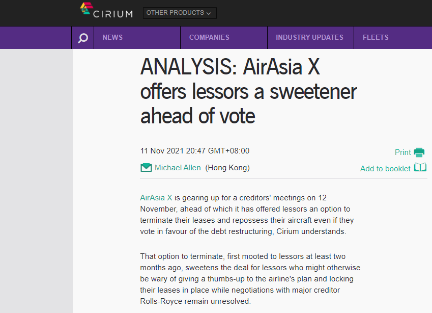 Michael_K_Allen's tweet photo. @Cirium understands lessors that chose to keep their aircraft at AirAsia X can still terminate leases up until end-Jan 2022, even if they vote in favour of its debt restructuring today. https://t.co/sbfQYvfaLj https://t.co/aAOBq6Nkya
