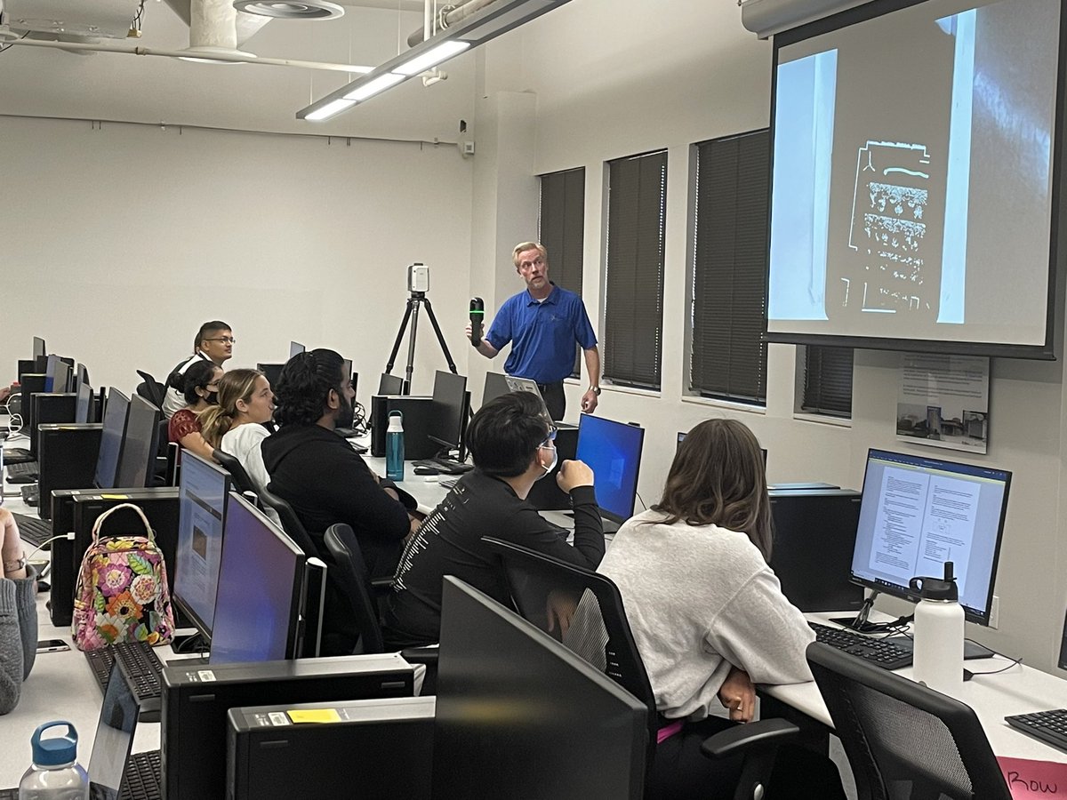 LeiteBuild's tweet photo. What a fun and interactive guest lecture today by @jasonakoehn of G4 Spatial Technologies to our @ut_caee  BIM students. He shared the latest on laser scanning tech, including some really cool demos. Thanks so much Jason! https://t.co/34wkawyEk4