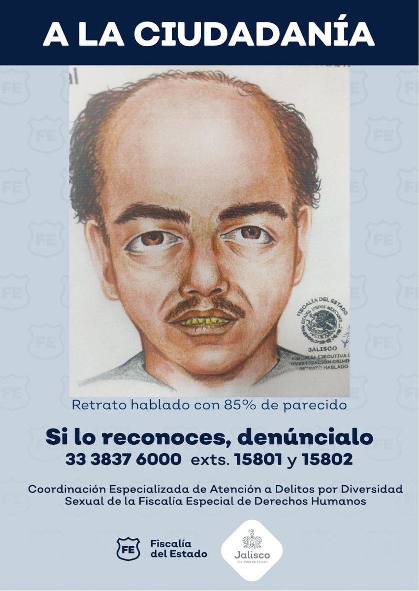 La Fiscalía de Jalisco dio a conocer hoy el retrato hablado del agresor de Zoé, quien fue atacada con ácido hace unos días en Guadalajara. Toda difusión ayuda. Este agresor debe ser encontrado. #NoALaTransfobia