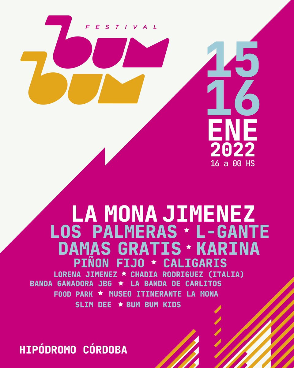 Distante elevación Escarpado La Mona Jiménez on Twitter: "¡¡Llega Festival BUM BUM!! 15 y 16 de enero de  2022 Hipódromo Córdoba Pre-venta a partir del 17 de noviembre  @pablitolescano @kari_prince m @LosPalmeras_OK @LoreJimenezCba  @labandadecarlitosok @LOSCALIGARIS @