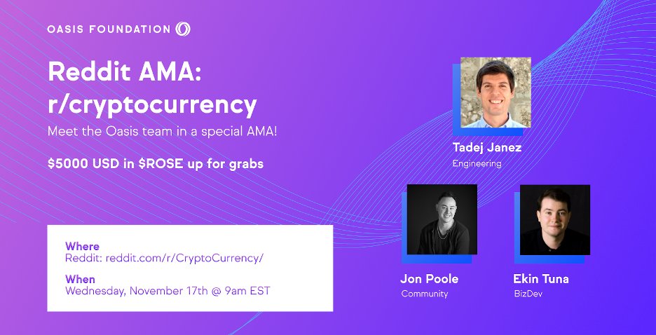 📣 AMA ALERT! Next week our team will answer your Oasis questions on r/Cryptocurrency for 2 hours! 📣

25 participants who ask questions will be selected at random to receive their share of $5,000 USD in $ROSE!

⏰ 17 Nov, 9AM - 11AM EST

📆 Add to Cal: evt.mx/KBCAVcxK