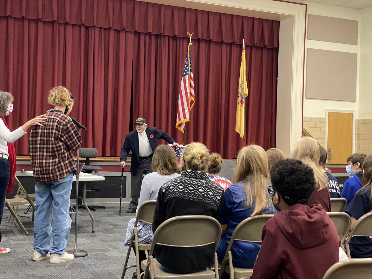 DTS_K8's tweet photo. We were thrilled and honored to hear World War II Veteran Archie Fagan talk about his experiences, including being part of The Battle of the Bulge &amp; The Nuremberg Trials. He was back in person for the 17th year!! #VeteransDay @HunterdonTalk @hunterdonctynj https://t.co/5ftdJKsrbA