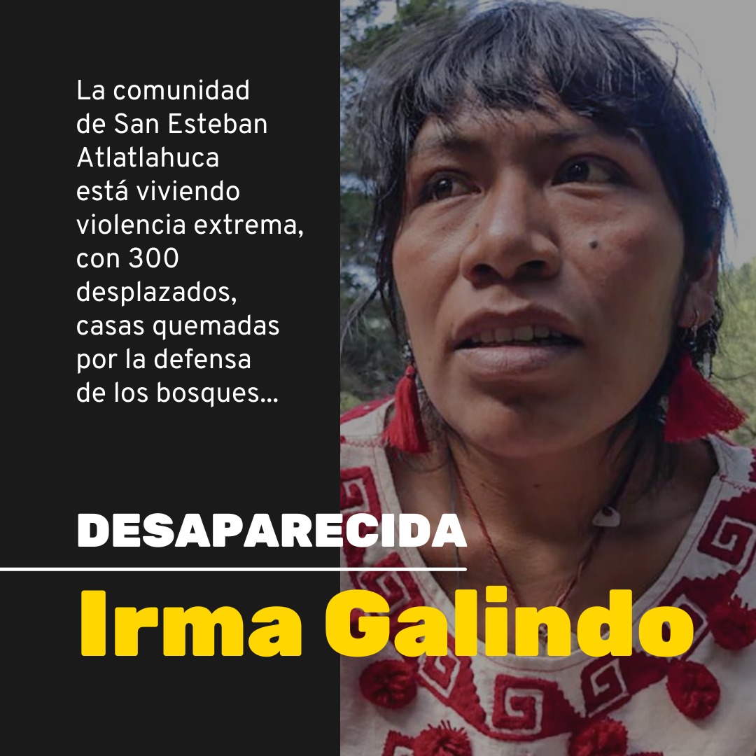 Exigimos la aparición con vida de Irma Galindo, defensora de los bosques en Miér y Terán y Ndoyonuyuji en la comunidad ñu savi en Oaxaca, México. La Red Nacional de Defensoras de DDHH en México informó que Irma Galindo ha enfrentado intimidación de servidores públicos desde 2018.