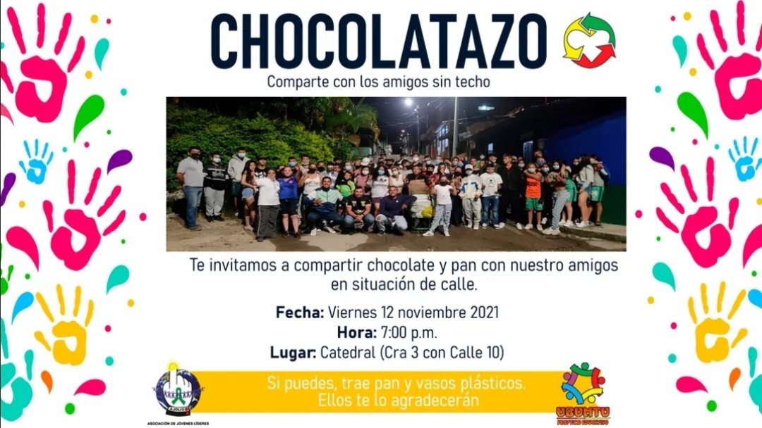 soytitomora's tweet photo. #AJOLIS | Te invitamos a que realices un gesto de humanidad concreto en favor de quienes más lo necesitan.
Nos vemos este viernes a las 7:00 p.m. en La Catedral.
Recuerda: Si puedes lleva pan y vasos plásticos.
#UbuntuProyectoEducativo #Chocolatazo #TransformandoRealidades https://t.co/zKmV335HNJ
