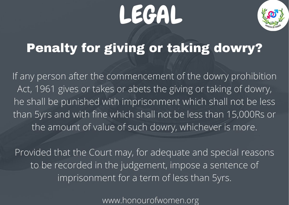 What is the penalty for giving and taking dowry?

#legaleducation #legalrights #legalknowledge  #legalupdates #legaladvice #legalrightsofwomen #LegalRights #legalissues #legaladvices  #lawandorder #law #knowyourrights #dowry #dowryfreeindia #dowrysystem #dowry_free_revolution