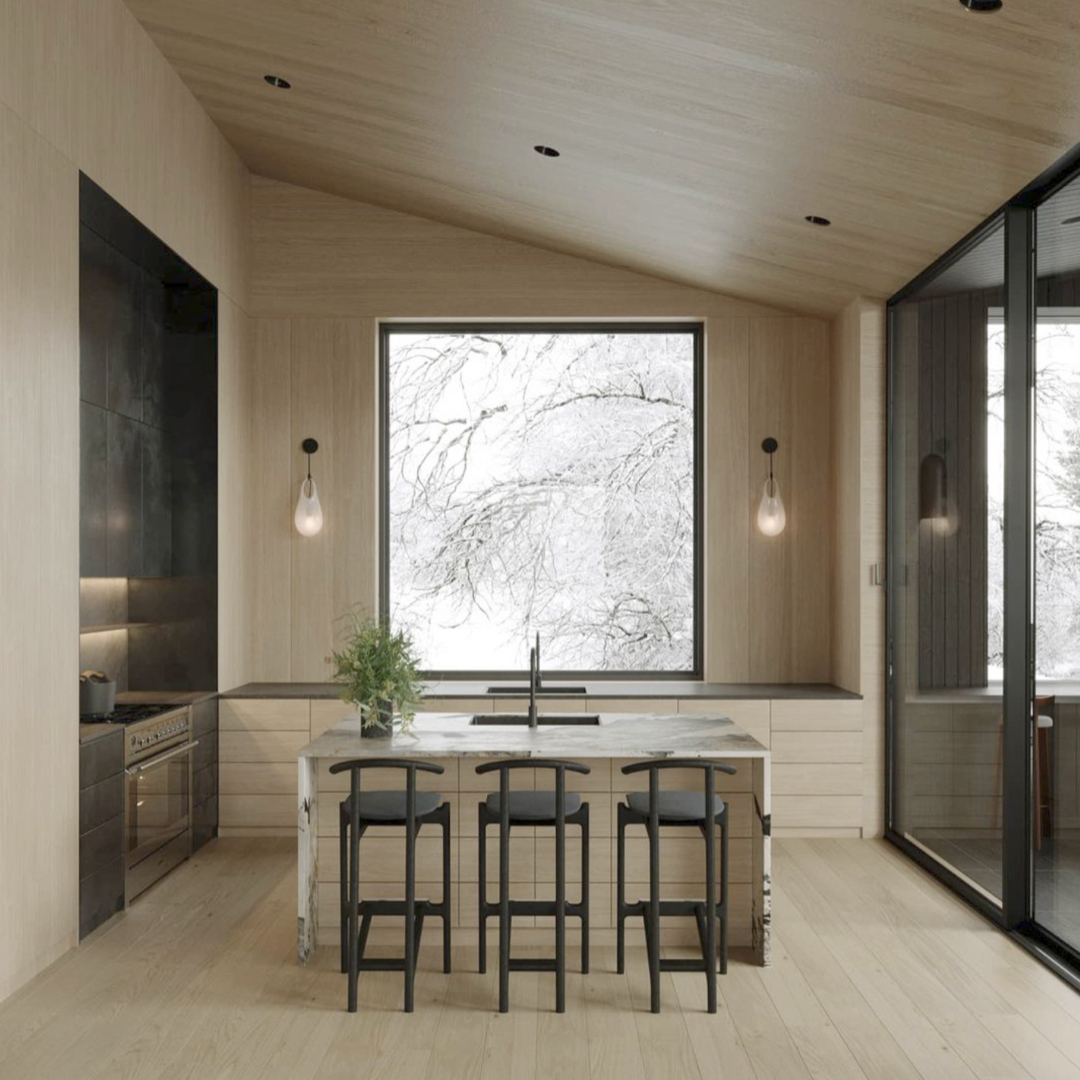 The warm, honey-colored oak interior is contrasted by the subtractive exterior spaces, clad in dark Shou Sugi Ban.

#LaneyLAinc #architecture #architect #design #archdaily #archilovers #architecture_hunter #contemporary #kitchen  #superarchitects #nextarch #rendering #california