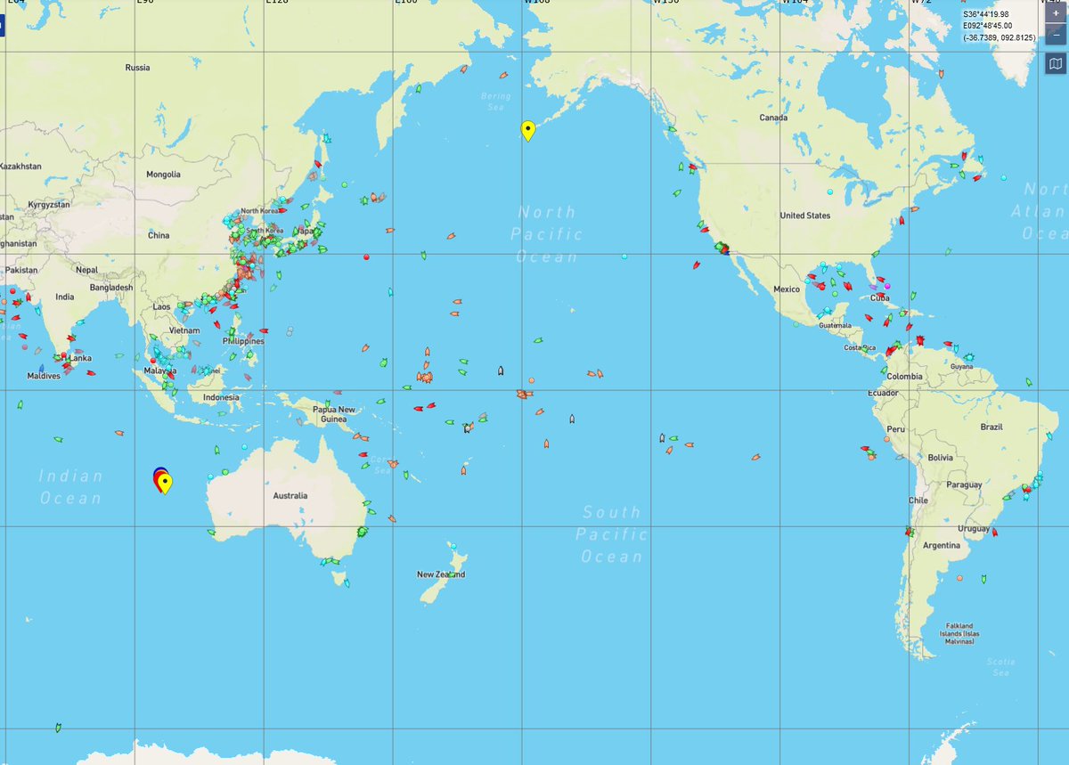 MikeChillit's tweet photo. #AISTracking I'm a fan of Marine Traffic's AIS service. One of their recent additions is a "smart filter" that enables us to see vessels engaged in tasks like refueling and running dark. This grab shows vessels that are "drifting": orange = fishing; green = cargo; red = tanker. https://t.co/cqnpOxQpGn