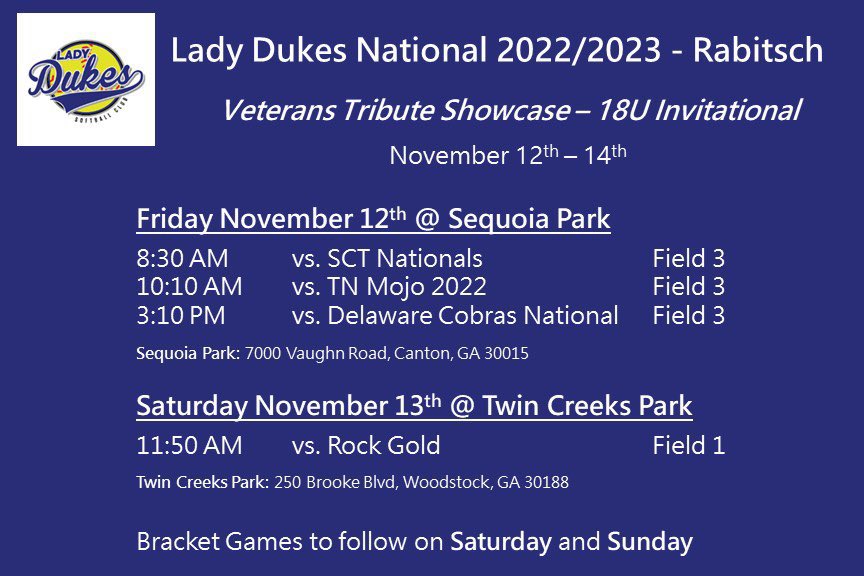 ChelseaJ2023's tweet photo. Pool play starts Friday morning. Looking forward to another fun weekend of softball. Watch in person or live on Facebook Lady Dukes National Rabitsch @rabitsch2022 @CHSsbLions @LindsayFico @MercerUSoftball @gillespie_jeff @UWGSoftball @SamfordSoftball @ScoutUrecruit @UGACoachTony https://t.co/PL13tg5UKd