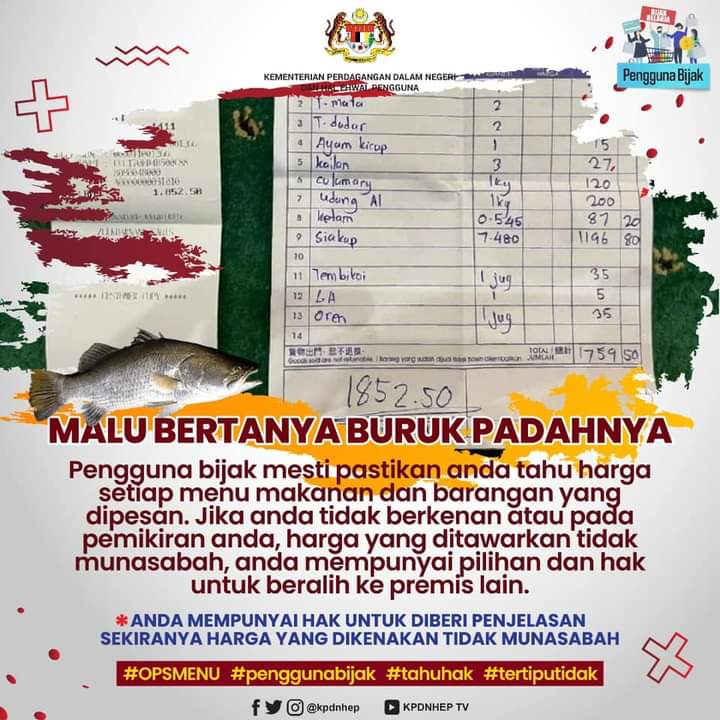 MKNSarawak's tweet photo. Sebagai pengguna, kita berhak untuk
mendapatkan maklumat yang cukup dan tepat terhadap barangan atau menu makanan yang dipesan supaya keputusan atau pilihan yang bijak dapat dibuat.
#KPDNHEP #penggunabijak #tertiputidak #OpsMenu https://t.co/5wSGb82Q1C
